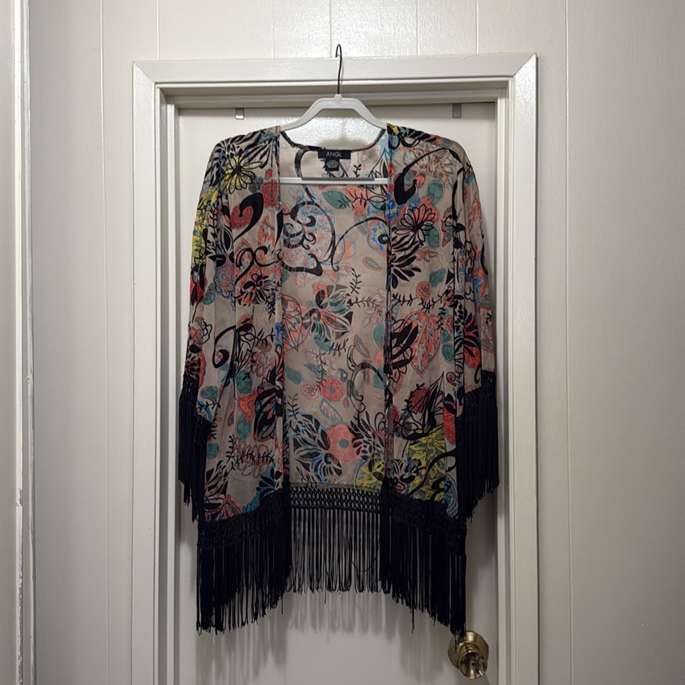 NWOT ANGL Vibrant Floral Kimono with Black French tassels